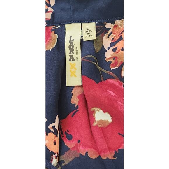 Lara Dress Size Large Bow Tie Neck Sheath Navy Floral Roll Tab Sleeve - Picture 9 of 10